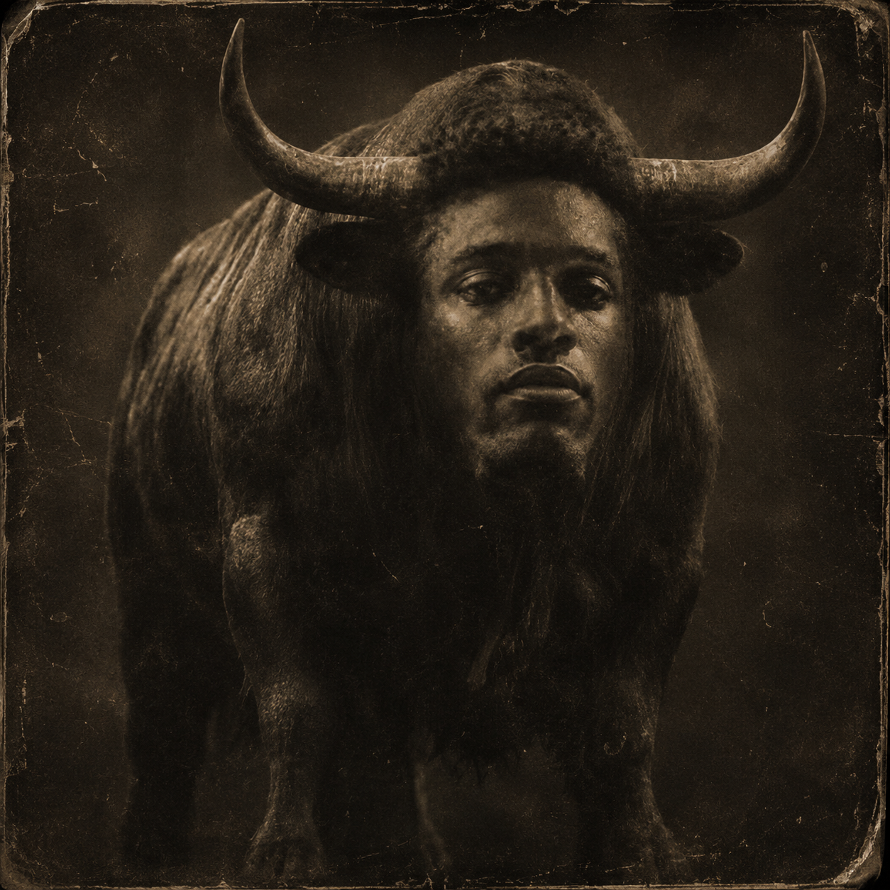 ANSEMSTRAL — a mythical ancestral bull with a human face, rendered in aged sepia tones
